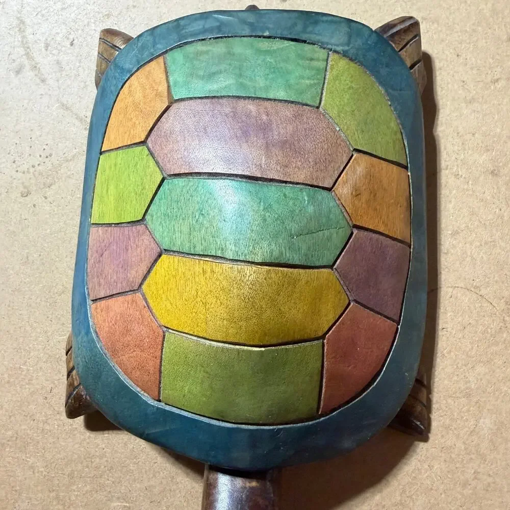 Hand Carved Wood Turtle Figurine Colorful Mosaic Shell Sculpture Folk Art Decor